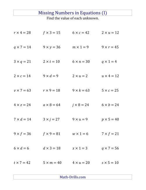 The Missing Numbers in Equations (Variables) -- Multiplication (Range 1 to 9) (I) Math Worksheet