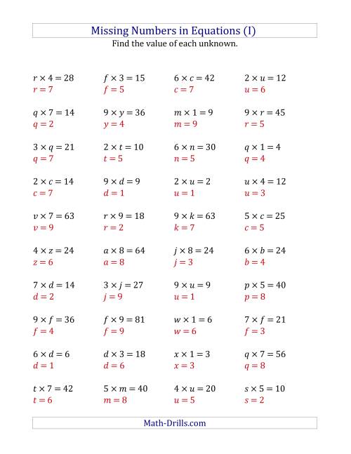 The Missing Numbers in Equations (Variables) -- Multiplication (Range 1 to 9) (I) Math Worksheet Page 2