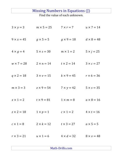 The Missing Numbers in Equations (Variables) -- Multiplication (Range 1 to 9) (J) Math Worksheet