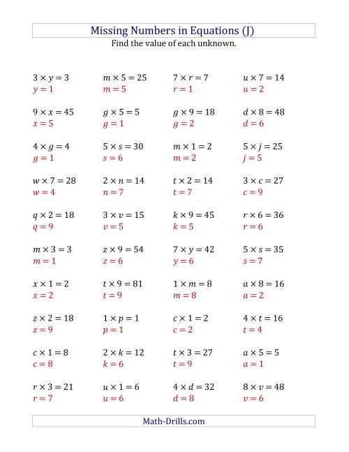 The Missing Numbers in Equations (Variables) -- Multiplication (Range 1 to 9) (J) Math Worksheet Page 2
