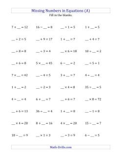 Missing Numbers in Equations (Blanks) -- All Operations (Range 1 to 9)