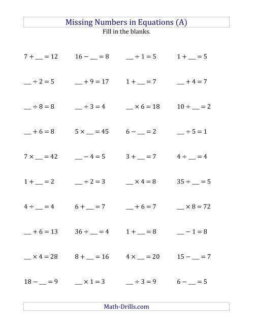 The Missing Numbers in Equations (Blanks) -- All Operations (Range 1 to 9) (A) Math Worksheet