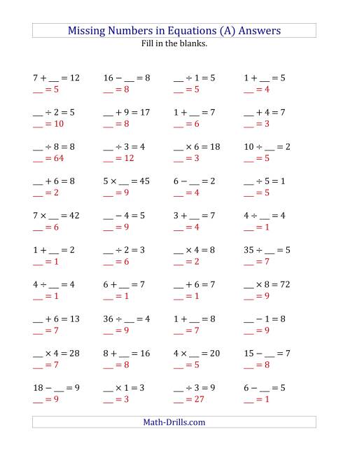 The Missing Numbers in Equations (Blanks) -- All Operations (Range 1 to 9) (A) Math Worksheet Page 2