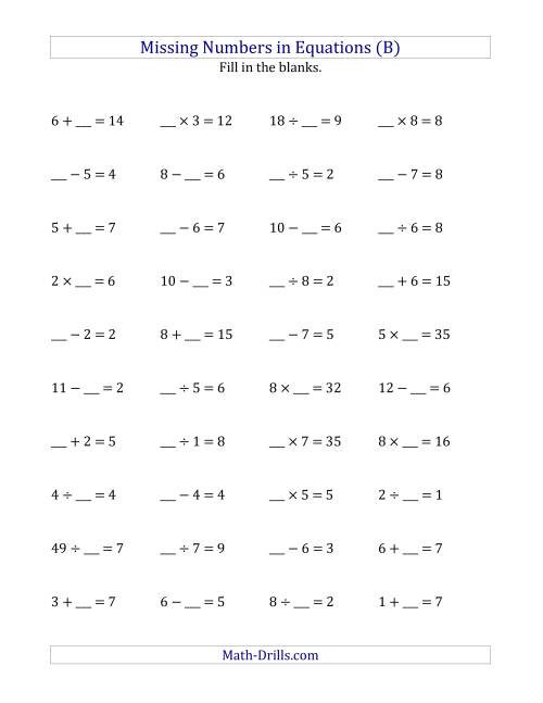 The Missing Numbers in Equations (Blanks) -- All Operations (Range 1 to 9) (B) Math Worksheet