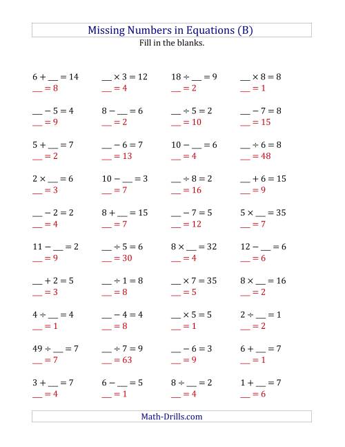 The Missing Numbers in Equations (Blanks) -- All Operations (Range 1 to 9) (B) Math Worksheet Page 2