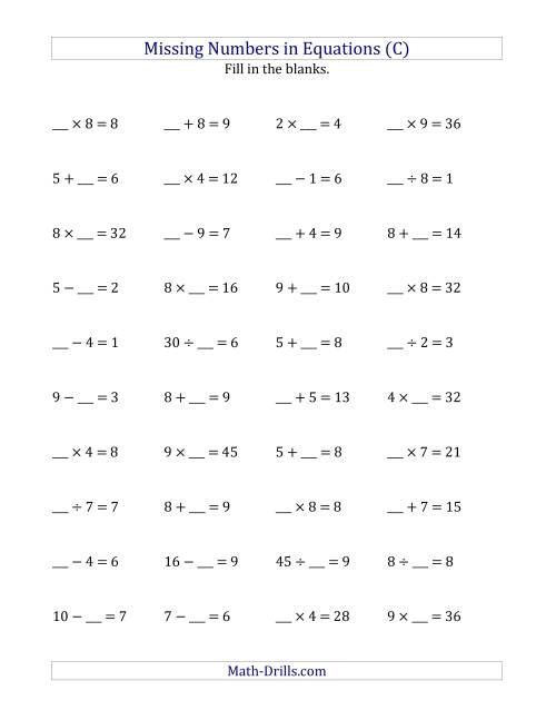 The Missing Numbers in Equations (Blanks) -- All Operations (Range 1 to 9) (C) Math Worksheet