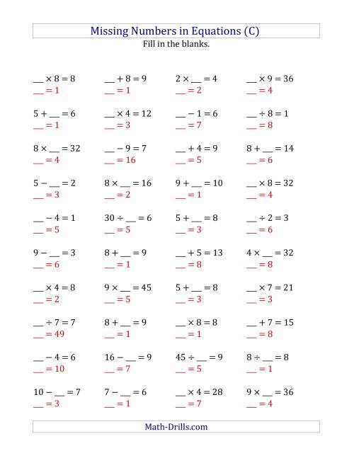 The Missing Numbers in Equations (Blanks) -- All Operations (Range 1 to 9) (C) Math Worksheet Page 2