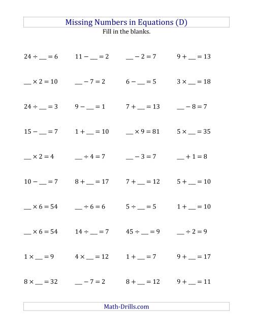 The Missing Numbers in Equations (Blanks) -- All Operations (Range 1 to 9) (D) Math Worksheet