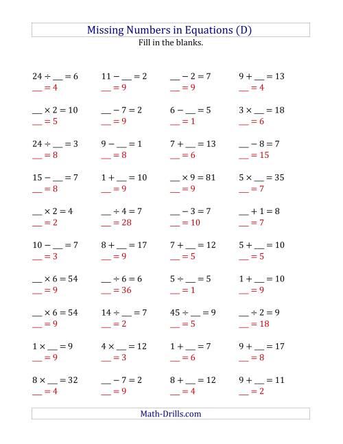 The Missing Numbers in Equations (Blanks) -- All Operations (Range 1 to 9) (D) Math Worksheet Page 2