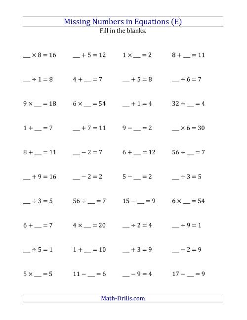 The Missing Numbers in Equations (Blanks) -- All Operations (Range 1 to 9) (E) Math Worksheet
