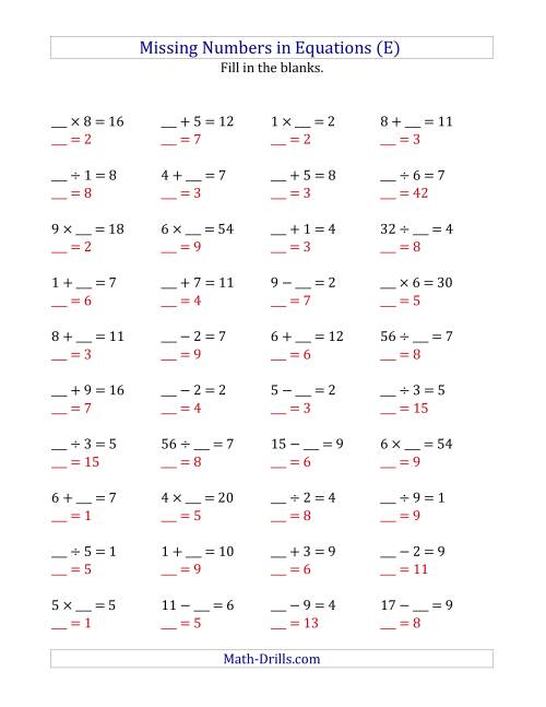 The Missing Numbers in Equations (Blanks) -- All Operations (Range 1 to 9) (E) Math Worksheet Page 2