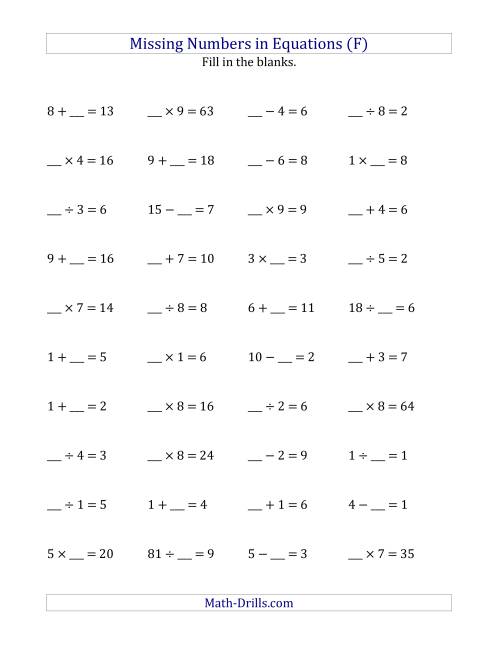 The Missing Numbers in Equations (Blanks) -- All Operations (Range 1 to 9) (F) Math Worksheet