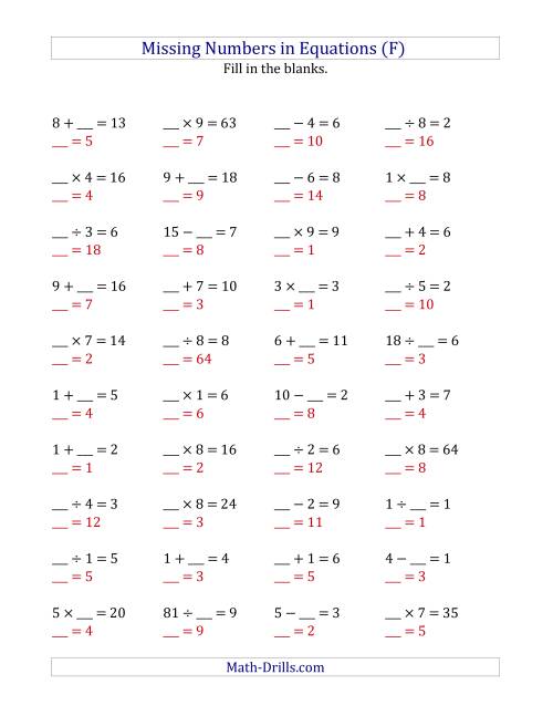 The Missing Numbers in Equations (Blanks) -- All Operations (Range 1 to 9) (F) Math Worksheet Page 2