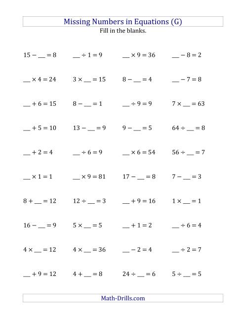The Missing Numbers in Equations (Blanks) -- All Operations (Range 1 to 9) (G) Math Worksheet