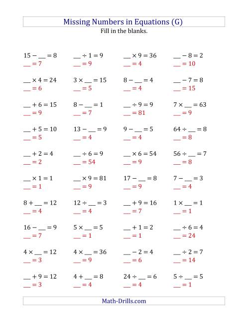 The Missing Numbers in Equations (Blanks) -- All Operations (Range 1 to 9) (G) Math Worksheet Page 2