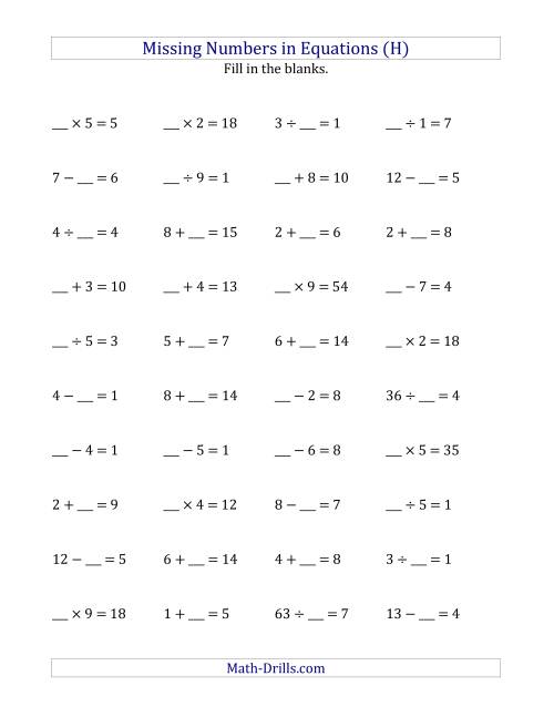 The Missing Numbers in Equations (Blanks) -- All Operations (Range 1 to 9) (H) Math Worksheet