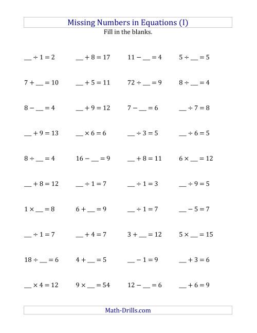 The Missing Numbers in Equations (Blanks) -- All Operations (Range 1 to 9) (I) Math Worksheet