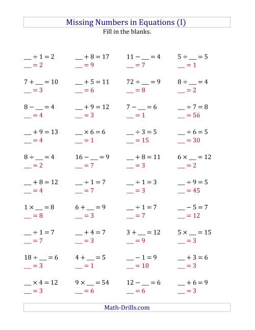 The Missing Numbers in Equations (Blanks) -- All Operations (Range 1 to 9) (I) Math Worksheet Page 2