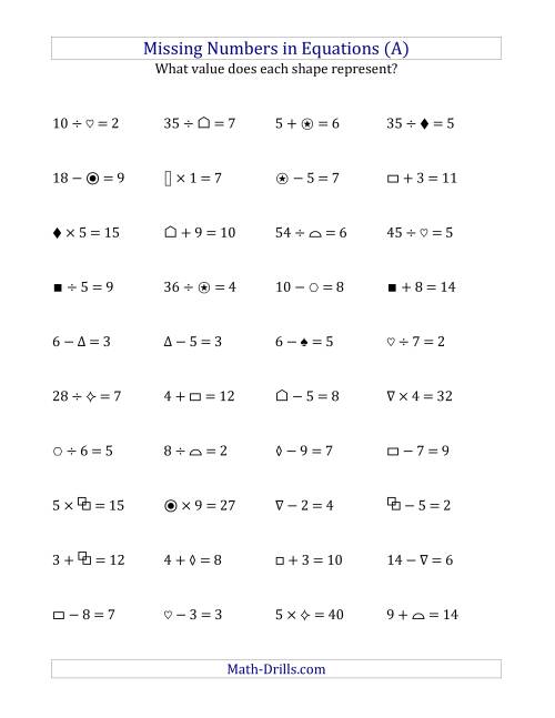 The Missing Numbers in Equations (Symbols) -- All Operations (Range 1 to 9) (A) Math Worksheet