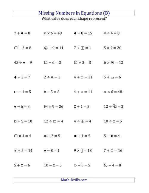 The Missing Numbers in Equations (Symbols) -- All Operations (Range 1 to 9) (B) Math Worksheet