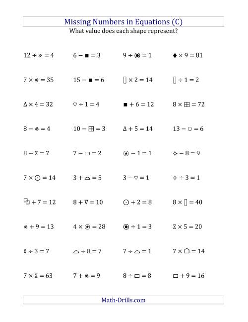 The Missing Numbers in Equations (Symbols) -- All Operations (Range 1 to 9) (C) Math Worksheet