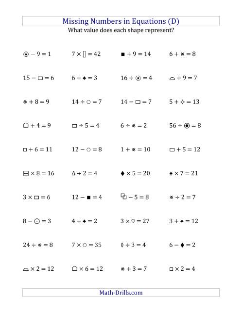 The Missing Numbers in Equations (Symbols) -- All Operations (Range 1 to 9) (D) Math Worksheet