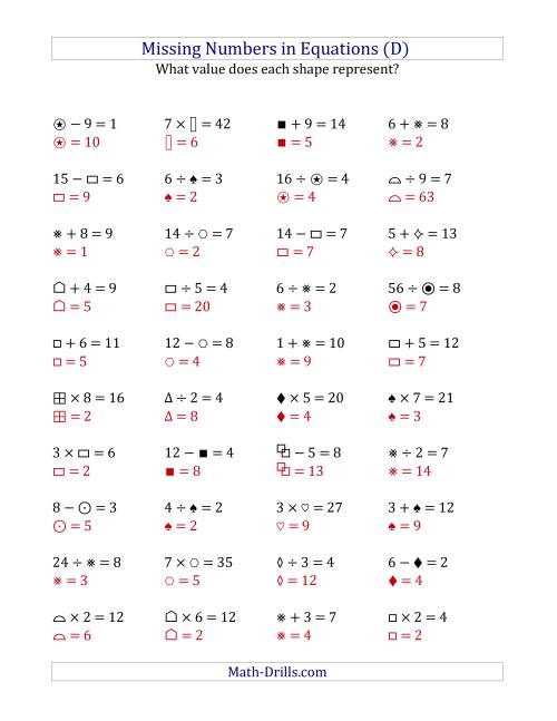 The Missing Numbers in Equations (Symbols) -- All Operations (Range 1 to 9) (D) Math Worksheet Page 2
