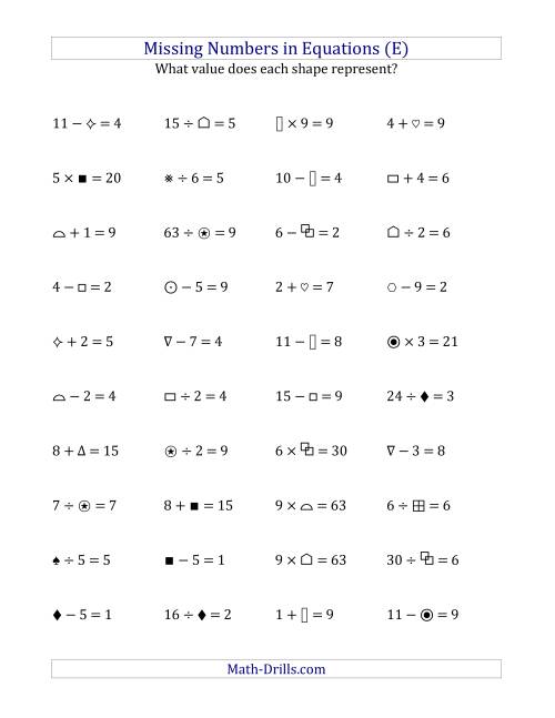 The Missing Numbers in Equations (Symbols) -- All Operations (Range 1 to 9) (E) Math Worksheet