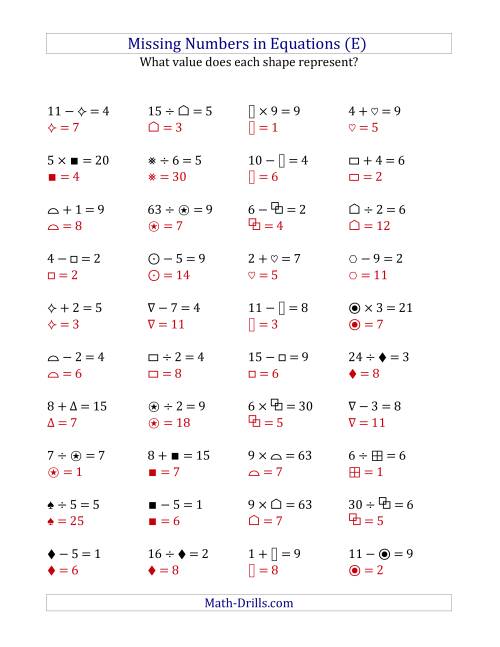 The Missing Numbers in Equations (Symbols) -- All Operations (Range 1 to 9) (E) Math Worksheet Page 2