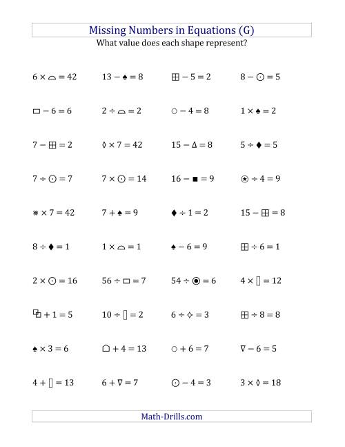 The Missing Numbers in Equations (Symbols) -- All Operations (Range 1 to 9) (G) Math Worksheet