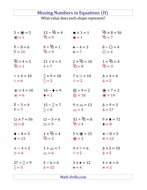 The Missing Numbers in Equations (Symbols) -- All Operations (Range 1 to 9) (H) Math Worksheet Page 2