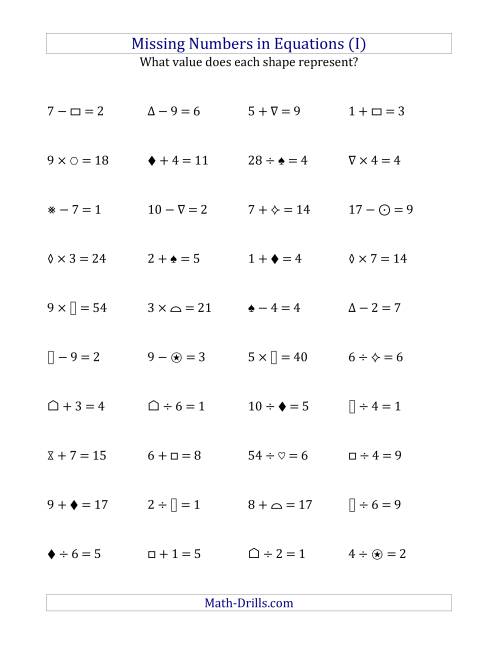 The Missing Numbers in Equations (Symbols) -- All Operations (Range 1 to 9) (I) Math Worksheet