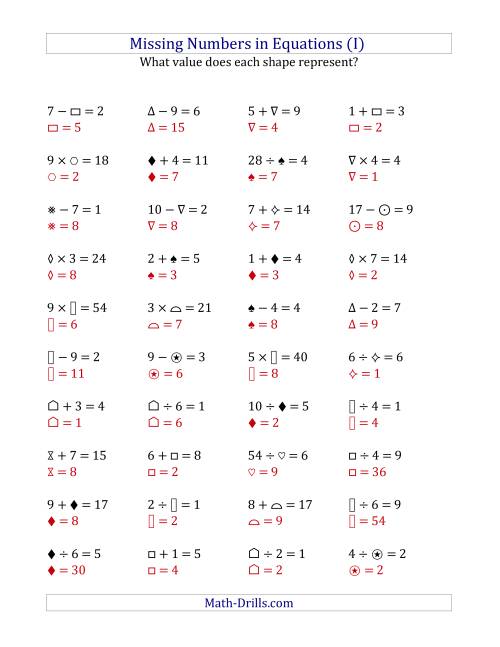 The Missing Numbers in Equations (Symbols) -- All Operations (Range 1 to 9) (I) Math Worksheet Page 2