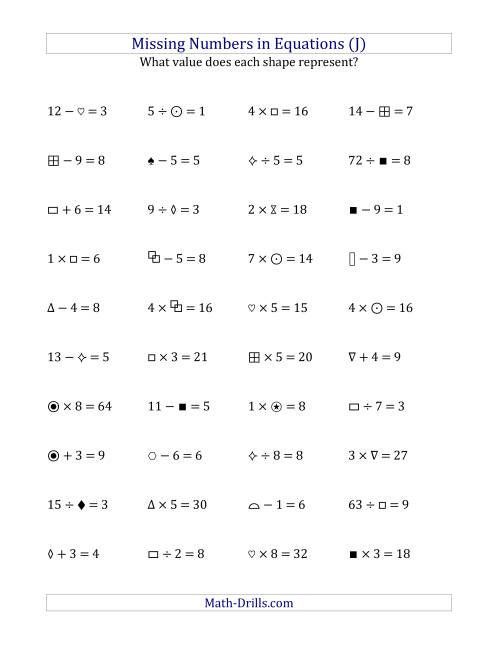 The Missing Numbers in Equations (Symbols) -- All Operations (Range 1 to 9) (J) Math Worksheet