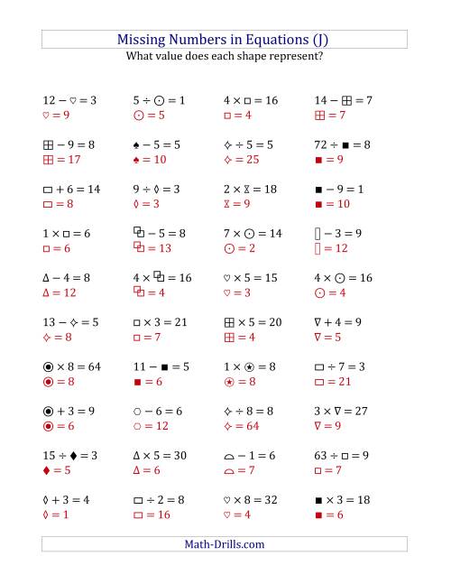 The Missing Numbers in Equations (Symbols) -- All Operations (Range 1 to 9) (J) Math Worksheet Page 2