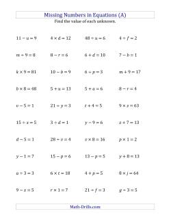 Missing Numbers in Equations (Variables) -- All Operations (Range 1 to 9)