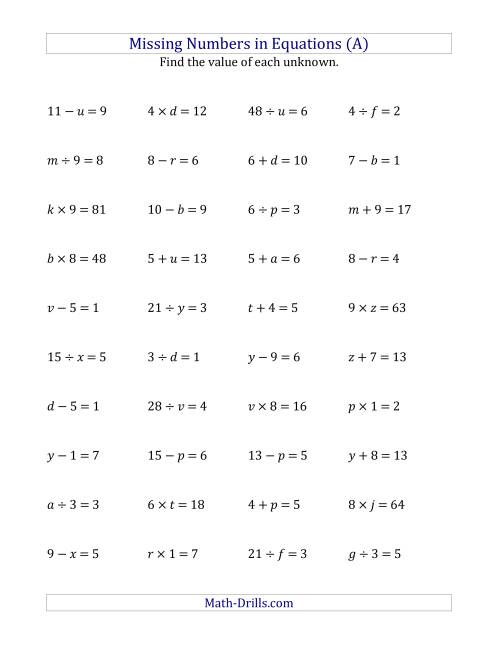 The Missing Numbers in Equations (Variables) -- All Operations (Range 1 to 9) (A) Math Worksheet