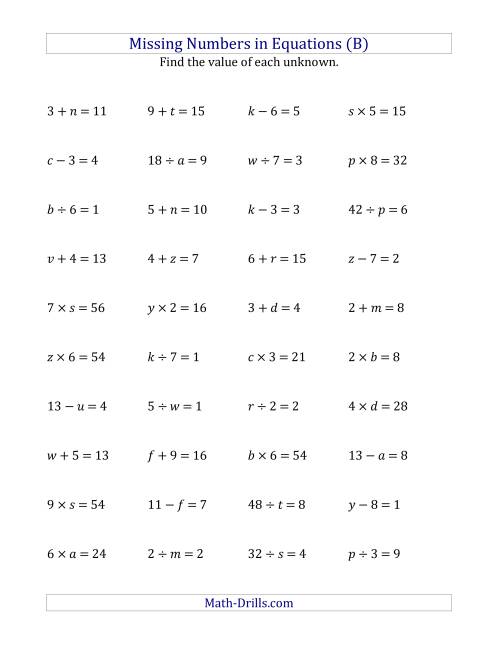 The Missing Numbers in Equations (Variables) -- All Operations (Range 1 to 9) (B) Math Worksheet
