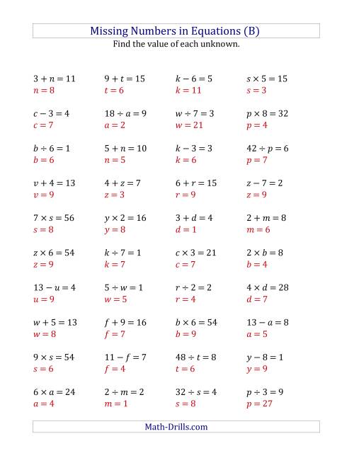 The Missing Numbers in Equations (Variables) -- All Operations (Range 1 to 9) (B) Math Worksheet Page 2