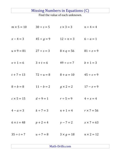 The Missing Numbers in Equations (Variables) -- All Operations (Range 1 to 9) (C) Math Worksheet