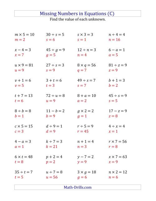 The Missing Numbers in Equations (Variables) -- All Operations (Range 1 to 9) (C) Math Worksheet Page 2