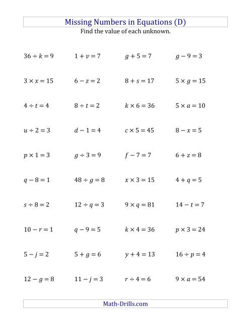 The Missing Numbers in Equations (Variables) -- All Operations (Range 1 to 9) (D) Math Worksheet