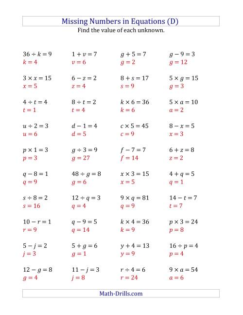 The Missing Numbers in Equations (Variables) -- All Operations (Range 1 to 9) (D) Math Worksheet Page 2