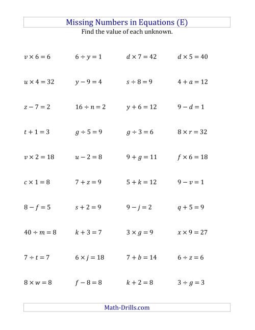 The Missing Numbers in Equations (Variables) -- All Operations (Range 1 to 9) (E) Math Worksheet