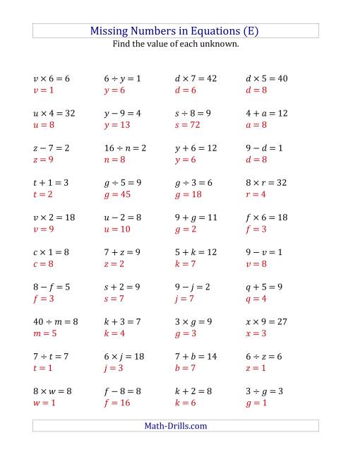 The Missing Numbers in Equations (Variables) -- All Operations (Range 1 to 9) (E) Math Worksheet Page 2