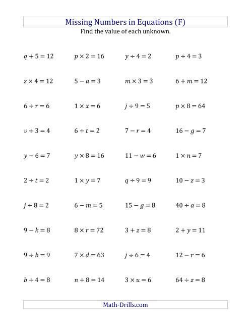 The Missing Numbers in Equations (Variables) -- All Operations (Range 1 to 9) (F) Math Worksheet