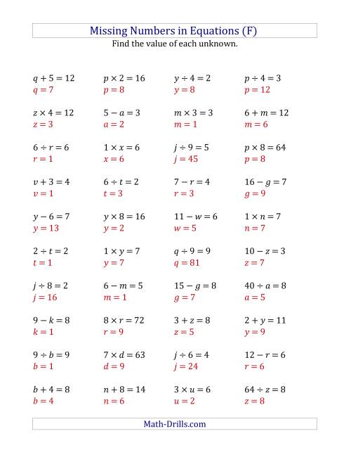 The Missing Numbers in Equations (Variables) -- All Operations (Range 1 to 9) (F) Math Worksheet Page 2