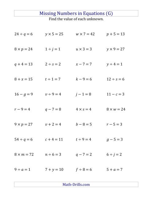 The Missing Numbers in Equations (Variables) -- All Operations (Range 1 to 9) (G) Math Worksheet