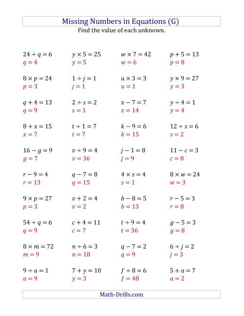 The Missing Numbers in Equations (Variables) -- All Operations (Range 1 to 9) (G) Math Worksheet Page 2