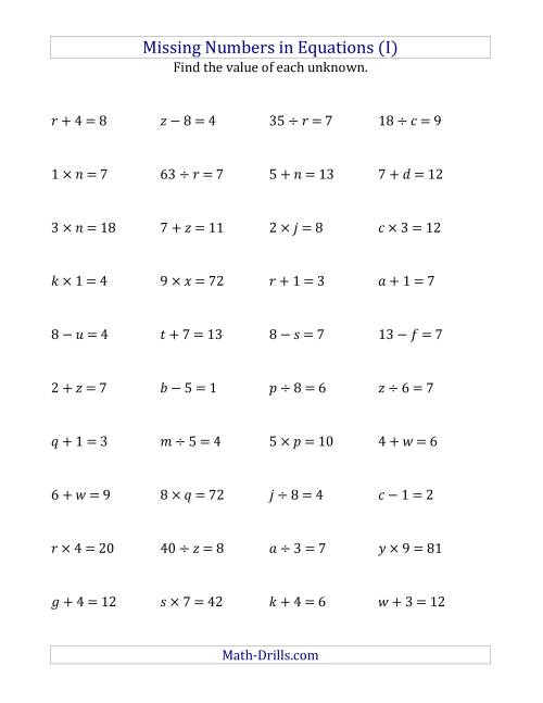 The Missing Numbers in Equations (Variables) -- All Operations (Range 1 to 9) (I) Math Worksheet